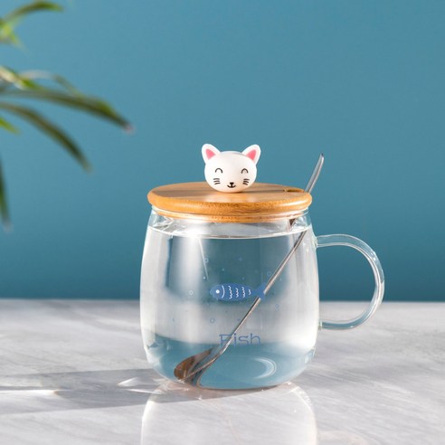 귀여운 고양이 빨대 유리컵 고안치 아침컵 유리 도매대 실리콘 뚜껑 물컵 인쇄 가능 로고, 고양이 블루오징어 B형 [나무 덮개+스테인리스 스푼], 400ml