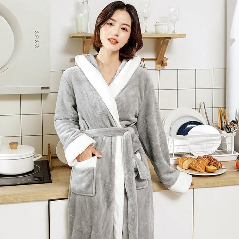 DFMEI-Y 잠옷 여성의 가을과 겨울 긴 산호 양털 플러스 벨벳 두꺼운 커플 목욕 가운 플란넬 남자 잠옷 겨울 홈 착용, XL 적합 [180cm -200kg], DFMEI 그레이 [여성] 후드 플란넬