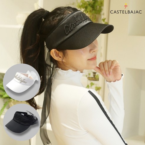 까스텔바작 여성용 볼륨 자수 쉬폰 리본 골프 썬캡, 화이트