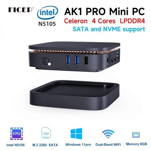 Ficep AK1 프로 미니 PC 윈도우 11 프로 인텔 셀러론 N5105 DDR4 8GB 256GB SSD 와이파이 10 게이머 컴퓨터 PK GK3 미니PC 신제품, N5105 8G 512G, 미국, SATA and NVME