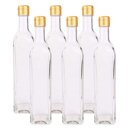가인글로벌 올리브500사각(P) 투명 유리병, 원터치캡(소) 골드, 6개, 500ml