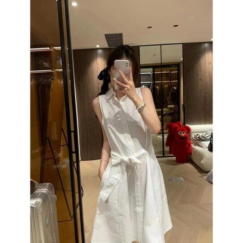 민소매 숏 빅사이즈 카라 셔츠 화이트 퓨어 브이넥 하트넥 퍼프 소매 여름 썸머 플리츠 롱 여성 원피스