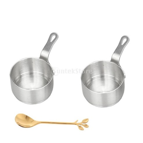 2pcs 스테인레스 스틸 미니 소스 팬 붙지 않는 작은 우유 팬과 숟가락, 은, 50ml, 설명한대로