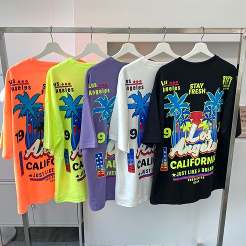 편안한 여름 스타일을 위한 네온 등판 야자수 오버핏 반팔티셔츠