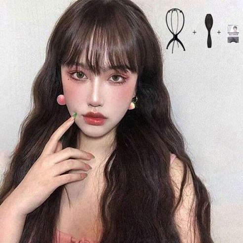 일월전빵 러블리 히피펌 긴머리 전체 통가발 가발빗+가발망+거치대 세트, 다크브라운
