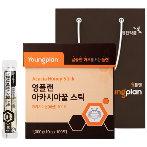 영진약품 영플랜 아카시아꿀 스틱+쇼핑백-벌꿀 허니스틱 꿀스틱 선물세트 아카시아 꿀 국산꿀