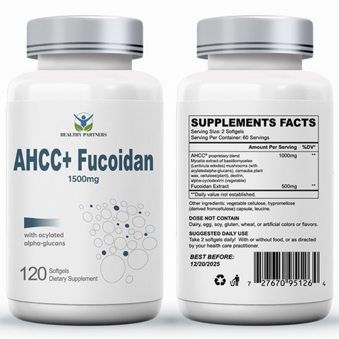 헬시파트너 AHCC 후코이단 1500mg 베타글루칸 표고버섯 균사체 알파글루칸 미역귀 무관세, 4개, 120정