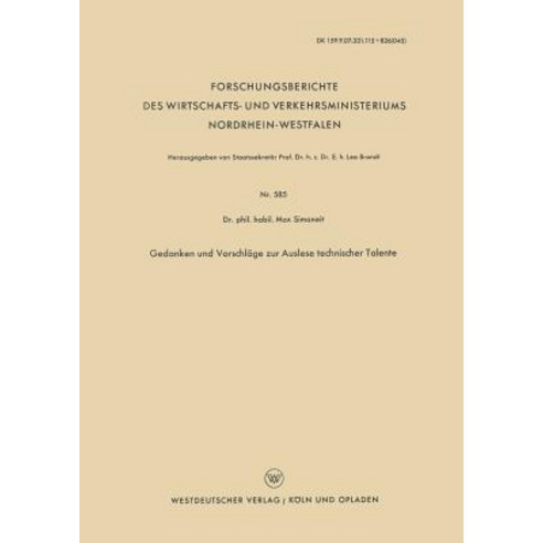 Gedanken Und Vorschlage Zur Auslese Technischer Talente Paperback, Vs Verlag Fur Sozialwissenschaften