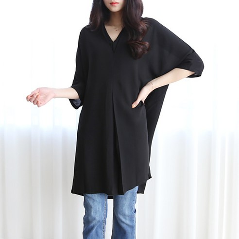 [모던유] 데일리 블랙 빅사이즈 브이넥 블라우스 오버핏블라우스