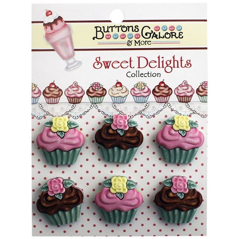 버튼갤로어 스위트 딜라이트 3D 버튼 단추, Gourmet Cupcakes, 6개입
