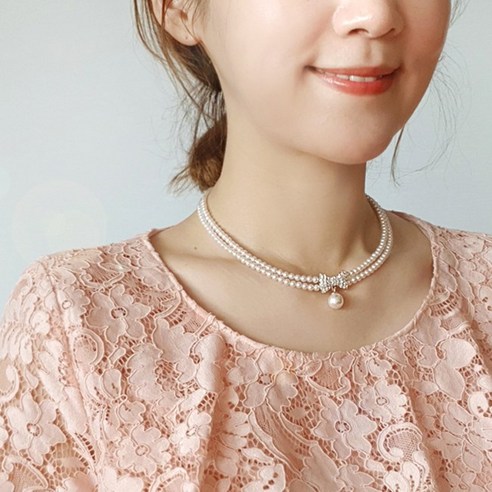 여성용 두줄 리본 진주 목걸이