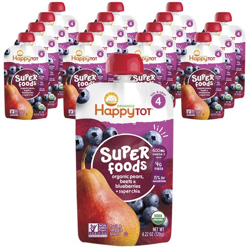해피토트 슈퍼푸드 어린이 스무디 120g, 배 + 비트 + 블루베리 + 슈퍼 치아(Pears + Beets + Blueberries + Super Chia), 16개