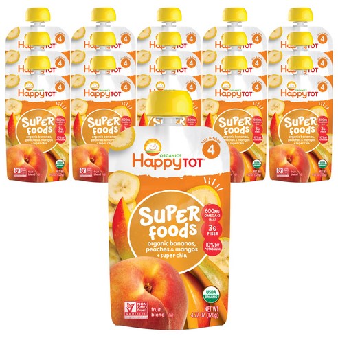해피토트 슈퍼푸드 어린이 스무디 120g, 바나나 + 복숭아 + 망고 + 슈퍼 치아(Bananas + Peaches + Mangos + Super Chia), 16개
