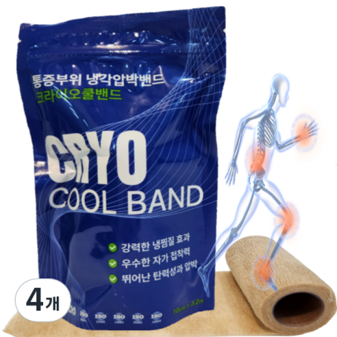 [납품용] CRYO 쿨밴드 자가점착밴드 멘솔 아이스 의료용 붕대 시원하지만 끈적이지 않는 쿨링밴드, 4개, 1롤