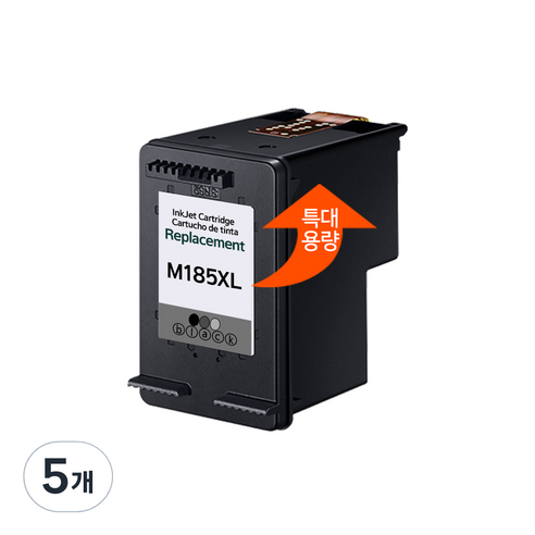 [삼성] INK-M185 INK-C185 특대용량 재생잉크 SL-J1680 SL-J1683 SL-J1685 SL-J1780W SL-J1785W 검정칼라, 검정 (특대용량), 5개