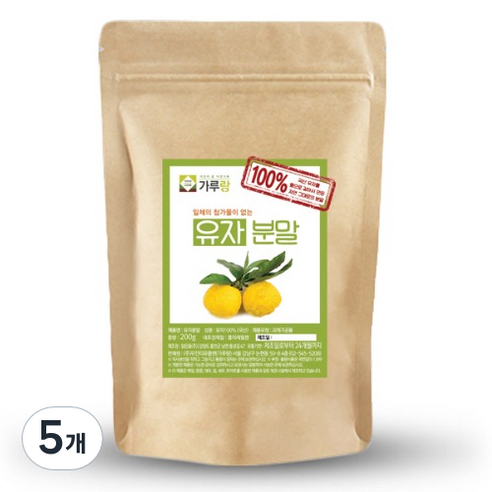 가루랑v 100% 국산 유자분말 선식, 200g, 5개