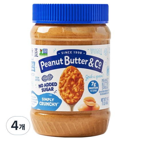 피넛버터앤코 무가당 설탕 무첨가 심플리 크런치, 4개, 454g