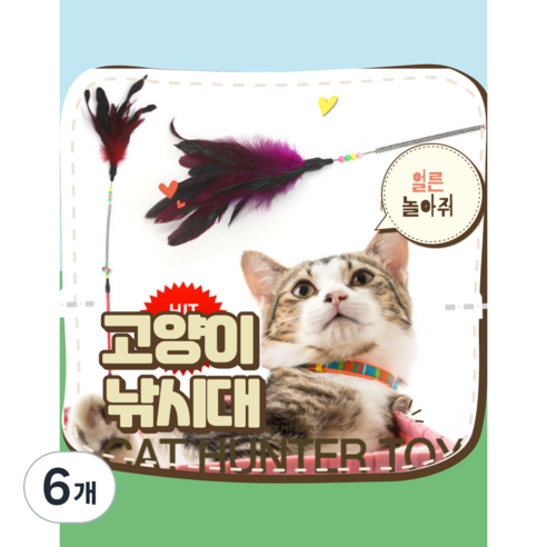 영스빌 고양이 낚시대 장난감 랜덤3종 고양이 롱 낚시대 편하게 놀아주기 고양이 낚시대 60cm, 6개