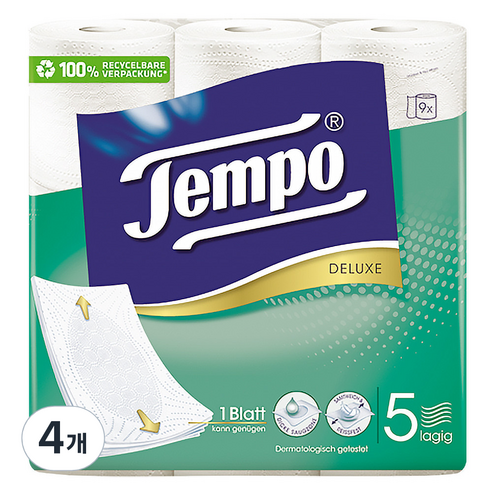 Tempo 천연펄프 5겹 고급롤화장지, 11m, 9롤, 4개
