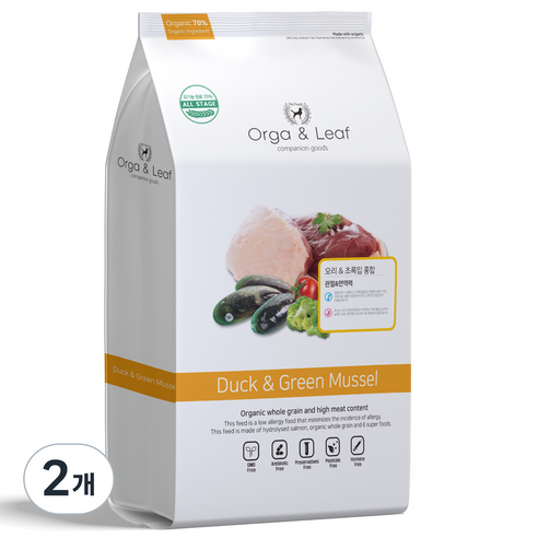 오가앤리프 애견 유기농 가수분해 알러지 눈물 관절 피부 강아지 사료 오리&초록입홍합, 오리, 1.8kg, 2개