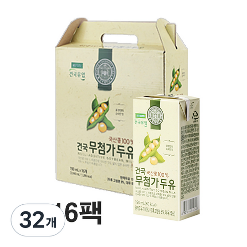 국산콩100% 건국 무첨가두유 32팩 / 100% 콩물원액두유 우리콩본연의 순수한맛 무가당, 190ml, 32개