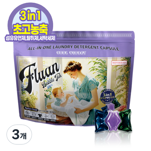 쿨바이올렛 플루앙 캡슐세제 고농축 올인원 세탁세제 섬유유연제 탈취제 실내건조, 3개, 30개입