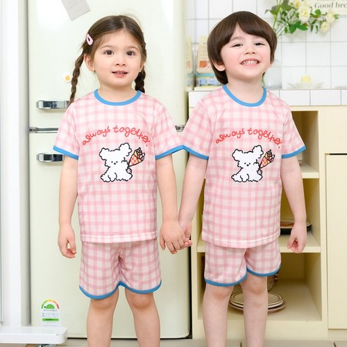 보누맘 아동용 냉감 통기성 꽃다발멍멍이 5부 에어매쉬 실내복 상하의 세트