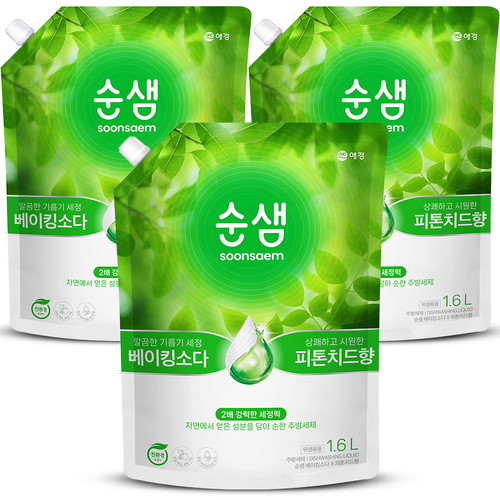 순샘 베이킹소다 피톤치드 주방세제 리필, 1.6L, 3개