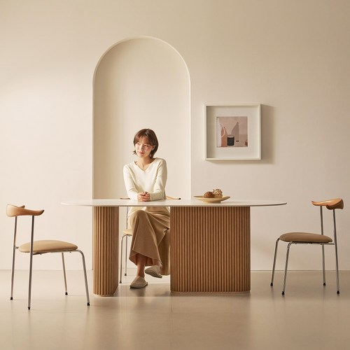 그레이스 세라믹 입식테이블 양타원, 화이트 + 네추럴우드, 1800mm, 8인용