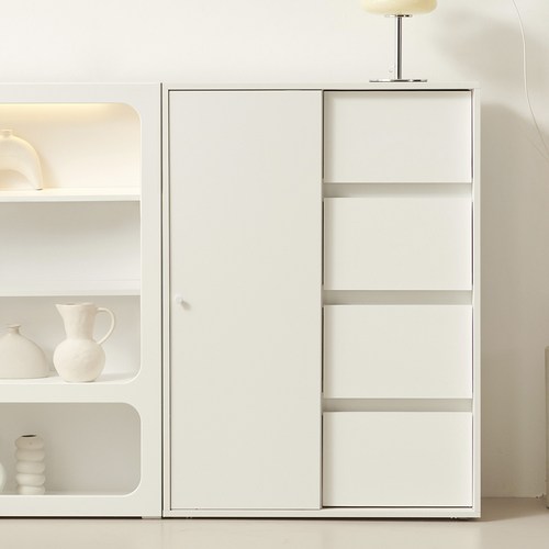 룸앤디 스르륵 4단 서랍 슬라이딩 미닫이 슬림 높은 수납장 일반형, 화이트