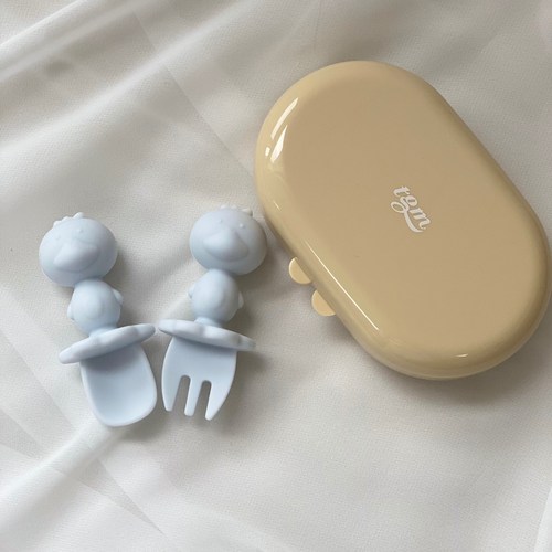 티지엠 실리콘 자기주도 스푼 + 포크 + 케이스 세트, 오리 애쉬블루(스푼, 포크), 1세트