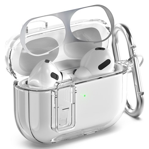 누아트 변색방지 락 범퍼 TPU 케이스 + 메탈 철가루 방지스티커 세트 에어팟 프로 2 / 프로, 투명(케이스), 랜덤발송(스티커)