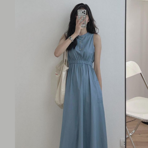 여성 민소매 롱원피스 허리밴딩 루즈핏 빅사이즈 데일리 무지 예쁜 원피스 휴양지