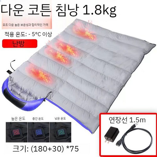 국비침낭 성인 아웃도어 1인용 침낭 전열 USB 웜업 기계식 침낭 봄가을 겨울 캠핑, 1.8kg 블루+1.5m 라인+충전헤드