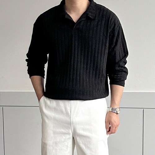 우모르 남성용 얇은 간절기 머슬핏 오픈 카라 긴팔 니트