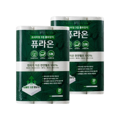 퓨라온 프리미엄 천연펄프 3겹 휴지 엠보싱 비데겸용 롤화장지 30롤, 2개, 30개입, 27m