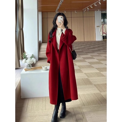 ANYOU 모직코트 여춘추 고급감 빈티지 레드 모직코트 미디