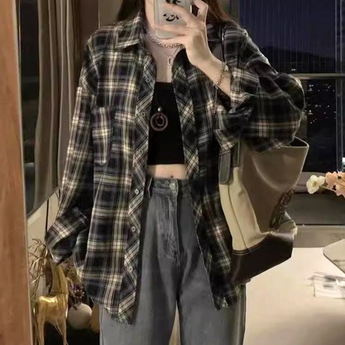 더블유 여성 오버핏 체크 셔츠