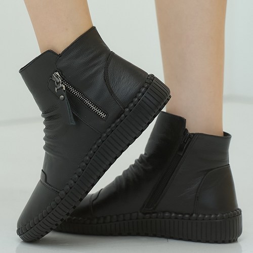 여성 가죽 옆지퍼 플랫 앵클부츠 3.5cm