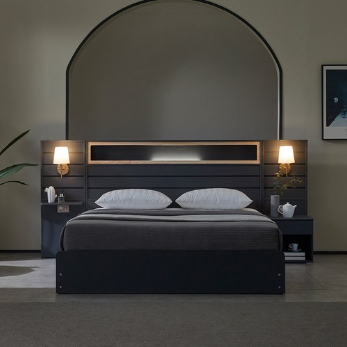 호텔침대 피렌체 편백아트월 LED조명 평상형 침대 QK (패널제외), 진그레이