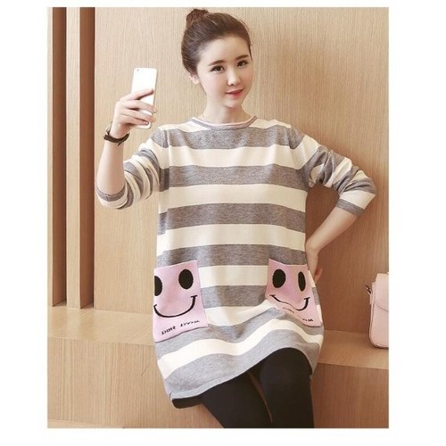 [케익] 스마일 포켓 스트라이프 여성 롱티셔츠 (2color)