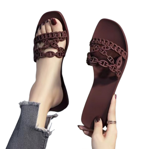 여성용 체인슬리퍼 캐주얼 통굽플랫