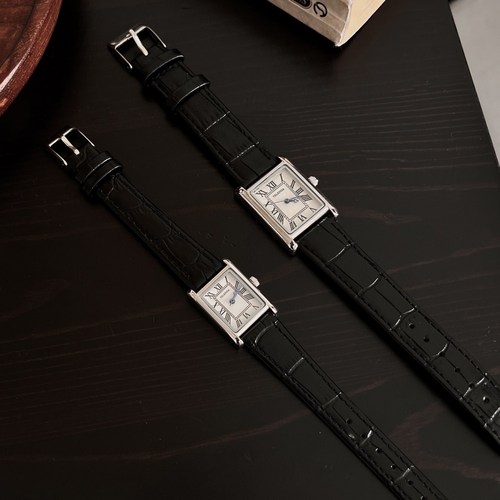 볼드 블랙 브라운 클래식 여자 남자 스퀘어 사각 가죽 손목 시계, 실버블랙, S