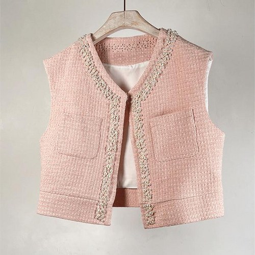 봄 가을 하객룩 여성 트위드 크롭 조끼 진주 포인트 베스트