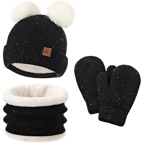 Habawoo 폼폼 어린이 방울 겨울 모자+워머+장갑 3종세트