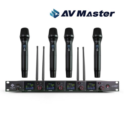 AVMASTER 공연용 4채널 무선마이크 SMC-9004 핸드 바디팩(핀마이크 포함) 구성, 핸드3벨트1