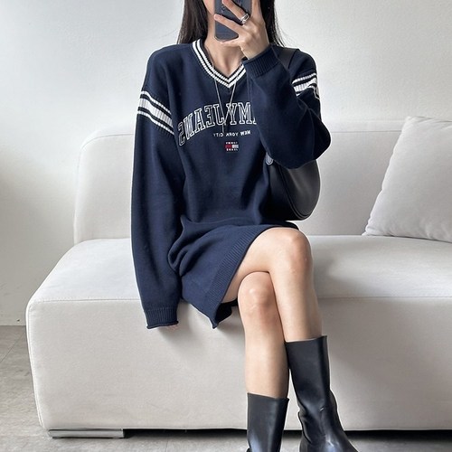 타미힐피거﻿ 여성 바시티 스웨터 원피스 9807