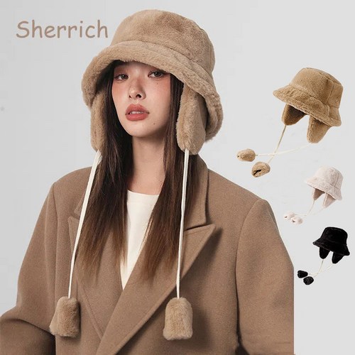 Sherrich 겨울 벙거지모자 따뜻한 털 귀도리 모자 겨울 방한 버킷햇