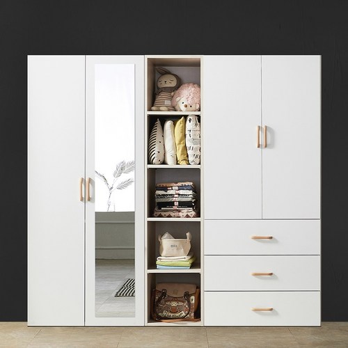 이엔 (800거울옷장이불장+400오픈선반장+3서랍장) 2000 장롱세트 드레스룸 시스템장 장농 작은방, 화이트, 옷장 세트