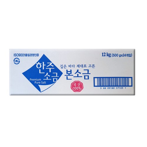 [소금] 한주 본소금 500g 국산 100% 정제소금 저요오드 1박스 24개입, 24개, 12kg